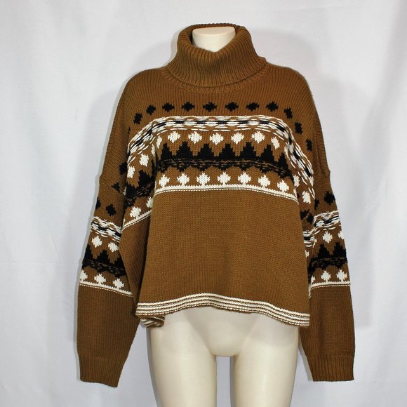 Oak and Ivy knit sweater brown with geometric pattern oversize turtleneck Medium - Picture 2 of 9
